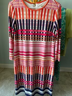 Eliza J Pink, Orange & Navy Geometric Stripe Midi Dress